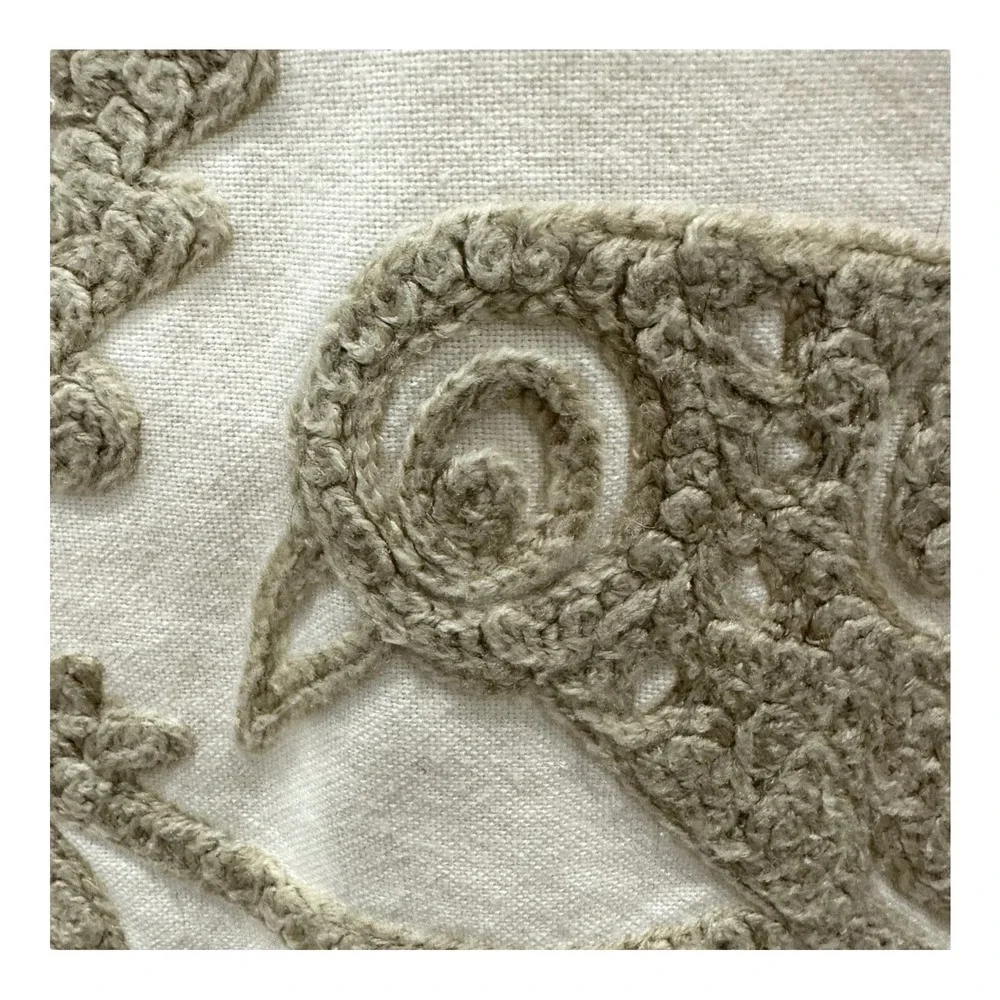Pottery Barn Bird Floral Crewel Embroidered Pillow Sham Cover 18x18 Ivory